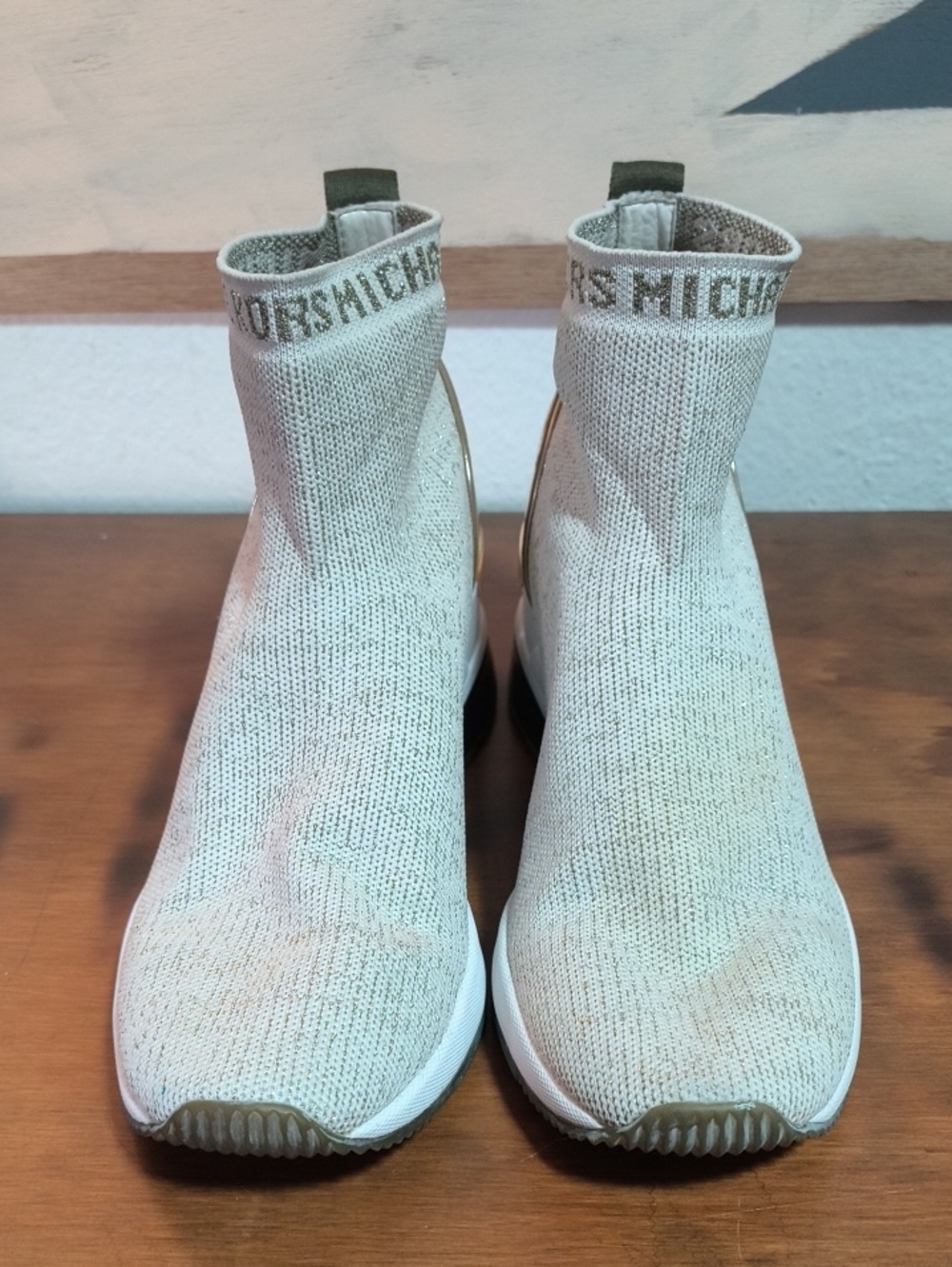 Michael Kors Skyler Extreme Bootie Cream Gold Knit Stretch Logo Wedge 8M